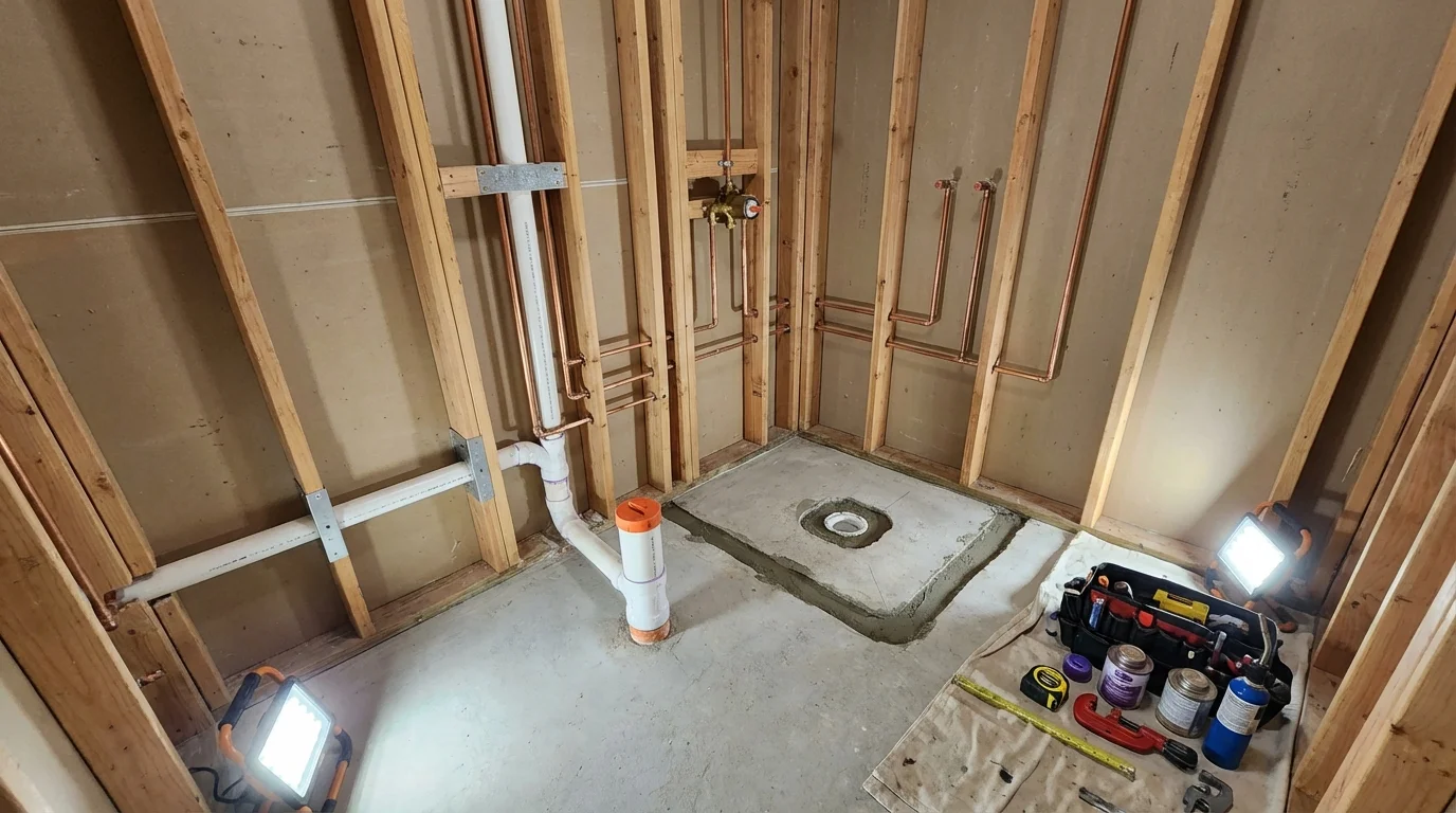 Bathroom rough-in plumbing during remodel by Johns Plumbing LLC in McMinnville